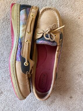 Women’s Sperry Tan Leather Boat Shoes with Multicolor Sequin Panels